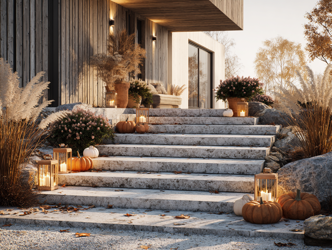 herbstlicher Stufenaufgang mit Blockstufen aus Naturstein