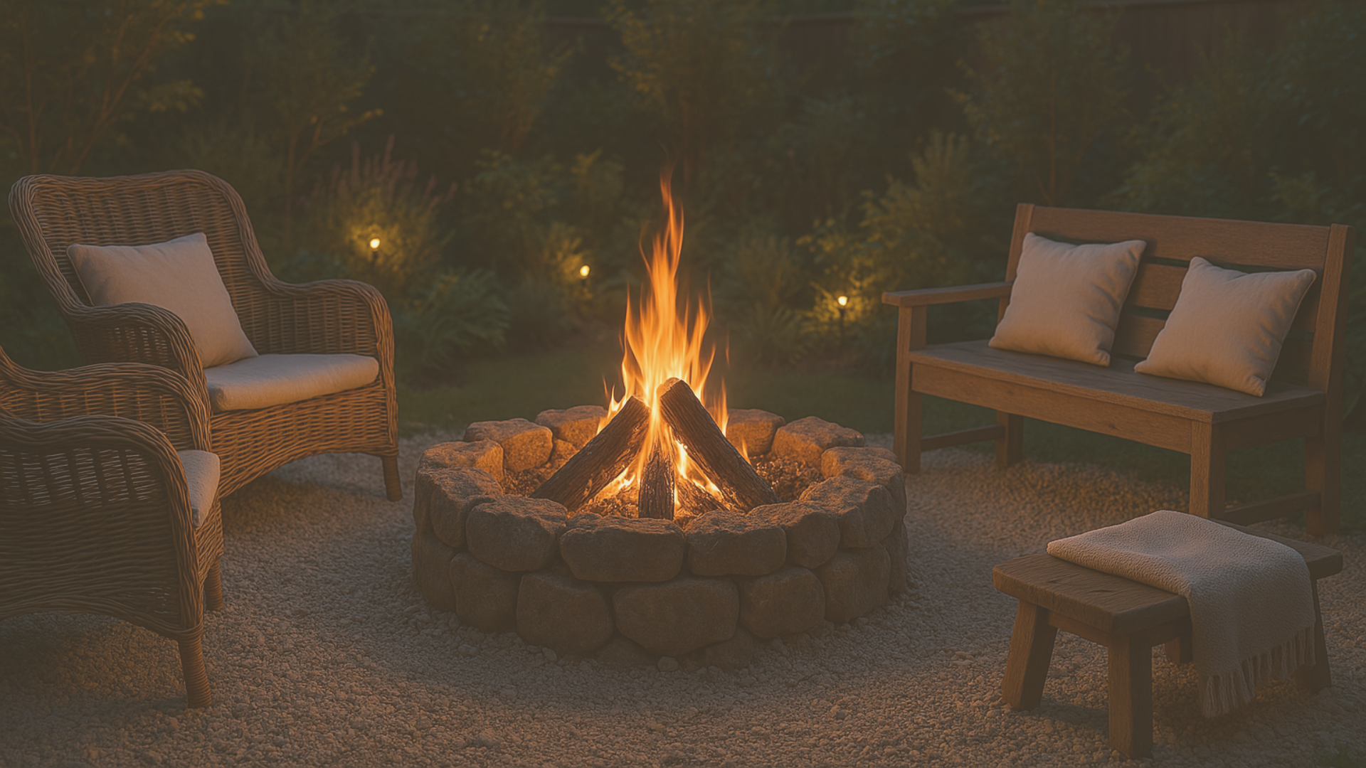 Feuerstelle aus Naturstein im Garten, gemütliche Stimmung in der Abenddämmerung mit Sitzmöbeln, Kissen und Decken