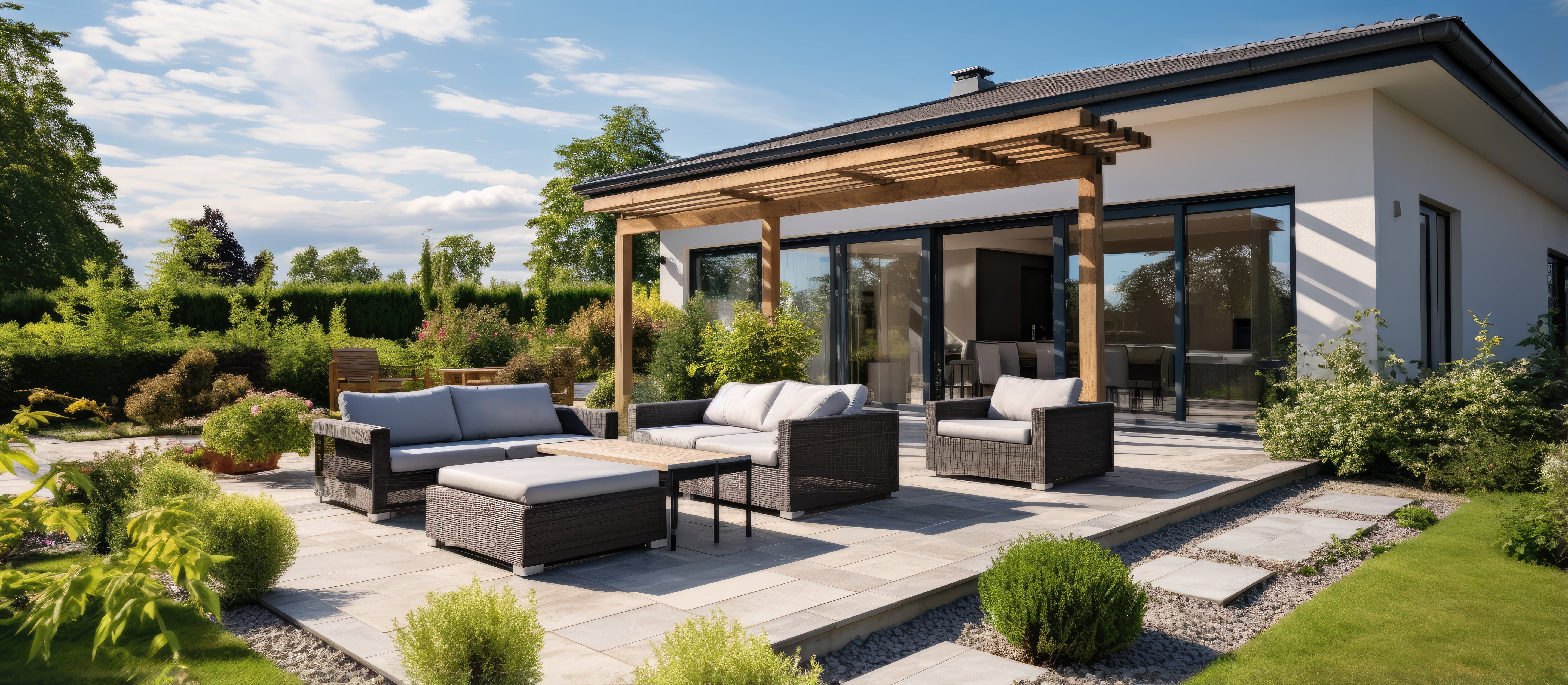 Moderne Terrasse mit großformatigen Natursteinplatten. Stufenplatten aus Naturstein führen zur Terrasse. Splitt und Kies dienen als Beetabdeckung und Dekoration.