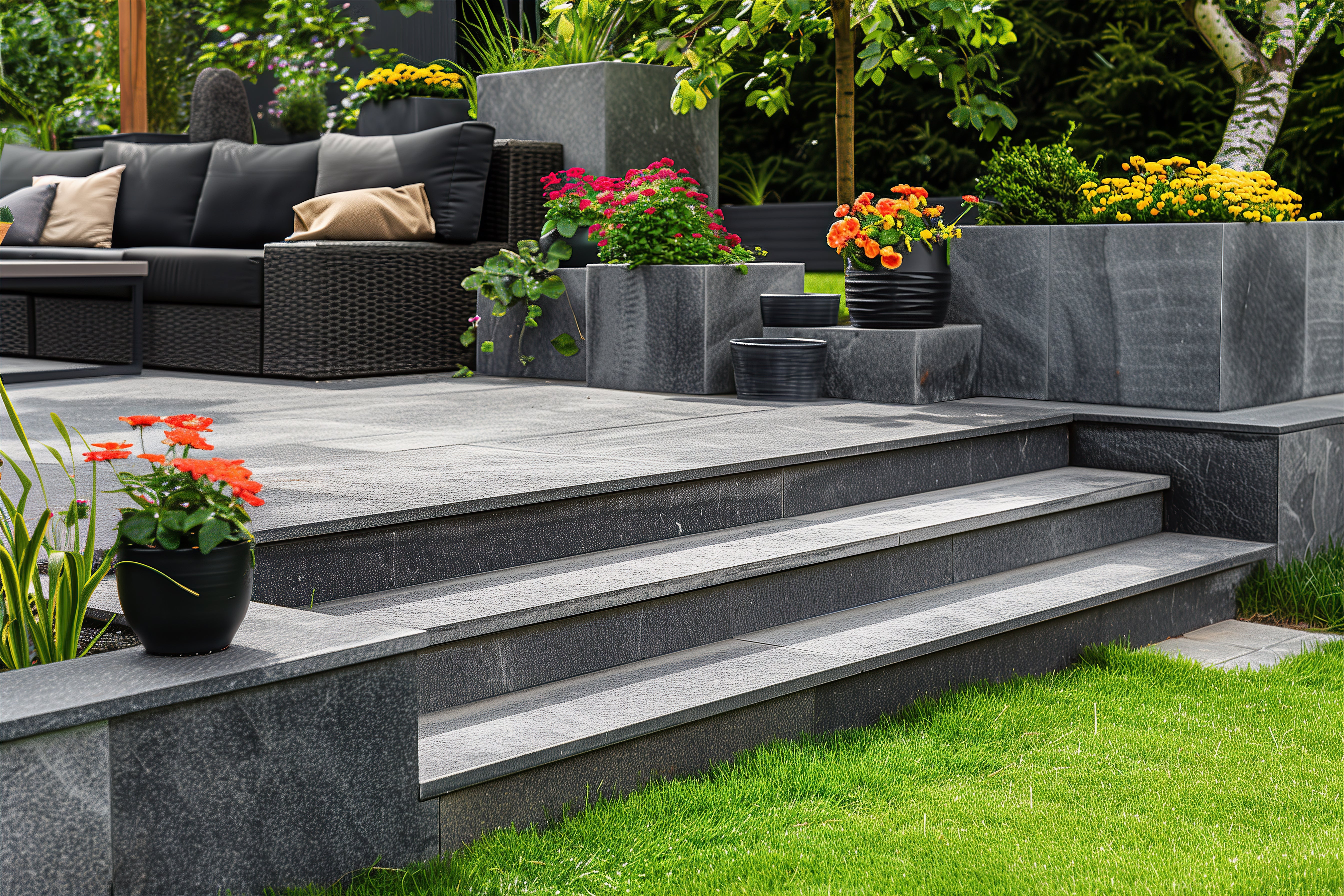 Moderne Gartengestaltung mit Stufen aus dunklen Natursteinplatten. Die Stufen führen zu einer Terrasse mit großen Bodenplatten. Im Hintergrund ein Beet mit Blumen und Sträuchern.