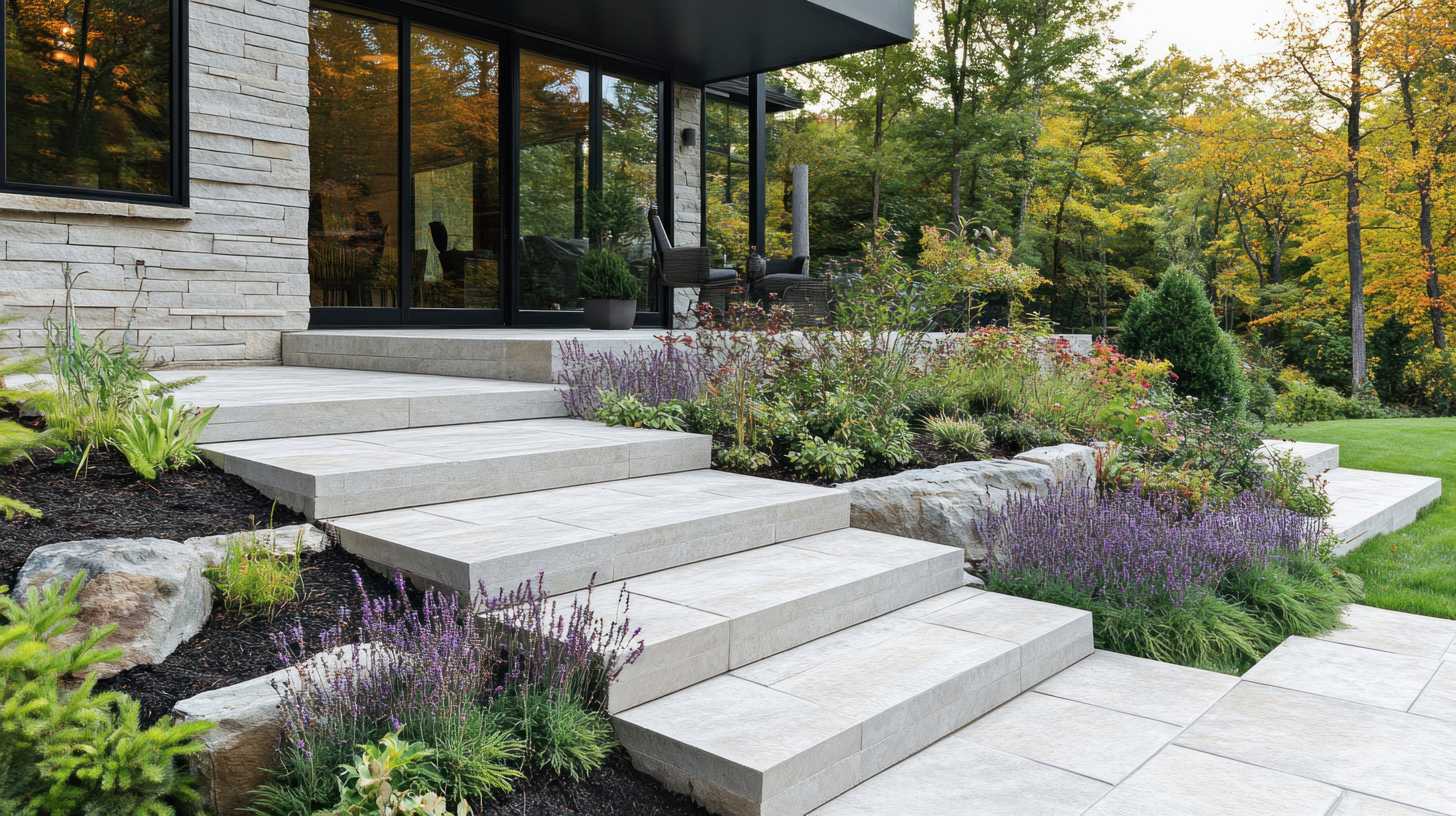 Mehrstufige Außentreppe aus hellen Natursteinplatten, die zu einem modernen Haus mit Terrasse führt.  Beet mit Lavendel und verschiedenen Pflanzen.