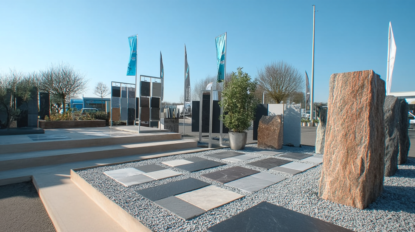 Naturstein-Ausstellung im Freien mit Musterflächen aus Pflastersteinen, Splitt und Kies sowie aufgestellten Steinplatten in einem Händler-Showroom bei blauem Himmel.
