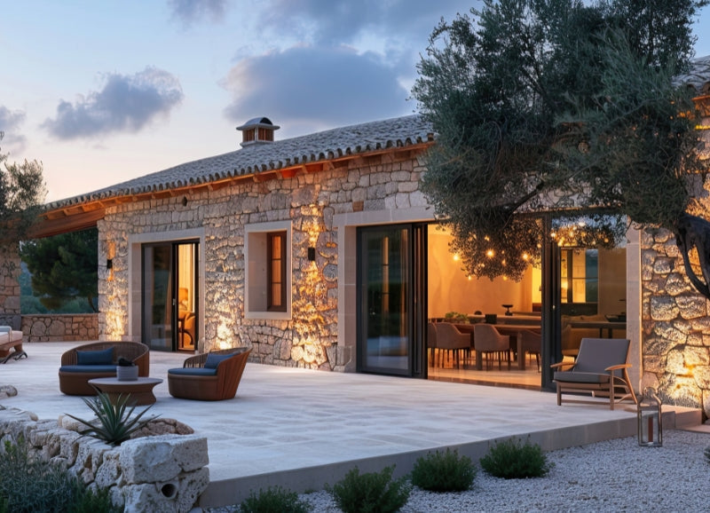 Gemütliche Terrasse mit hellen Natursteinplatten vor einem Haus aus Natursteinmauerwerk.  Kiesweg und mediterrane Bepflanzung.