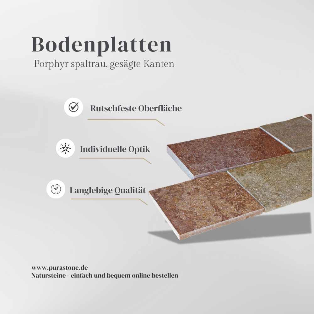 Bodenplatten Porphyr spaltrau, gesägte Kanten