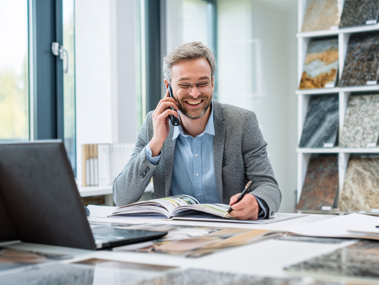 Eine professionelle Geschäftsberatungsszene in einem modernen Büro.
Ein freundlicher Kundenberater sitzt am Schreibtisch, telefoniert mit einem Lächeln und schaut sich dabei Kataloge und Muster von Natursteinen auf dem Tisch an.